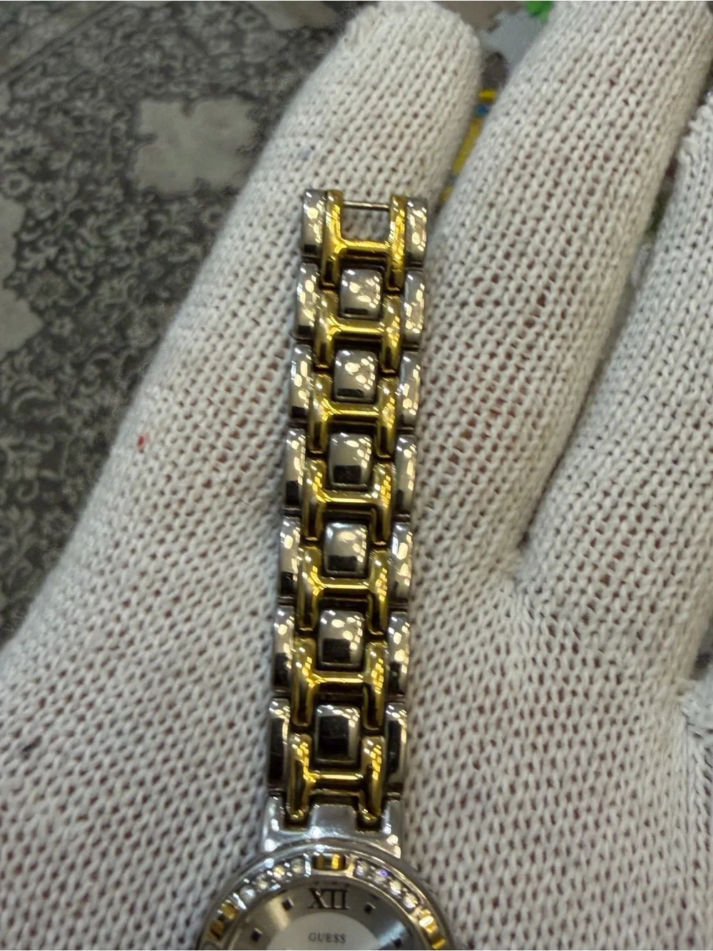 Guess Women's Two-Tone Crystal Bezel Watch Silver Dial Roman Numerals G75479L